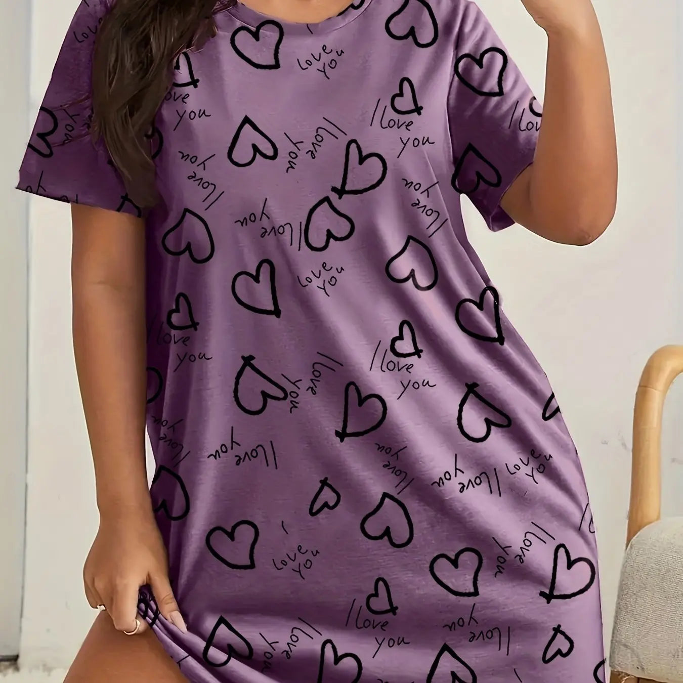 Plus Size Love Print Short Sleeve Nightgown Women's Large Size Micro Stretch Casual Round Neck Loungewear Dresses
