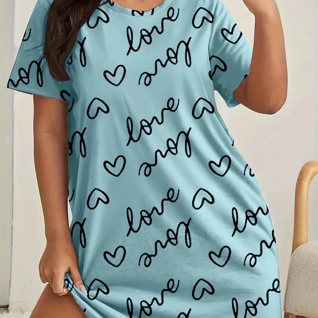Plus Size Love Print Short Sleeve Nightgown Women's Large Size Micro Stretch Casual Round Neck Loungewear Dresses