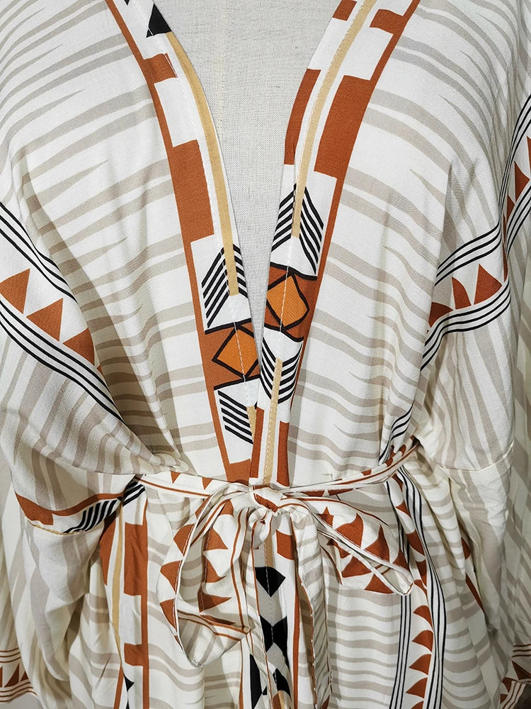 2025 Beach Kimono Cover-up Loose Swimsuit Cover Up Front Open Belt Kaftan Robe Plage Beach Pareos Dress Tunic Beach Wear