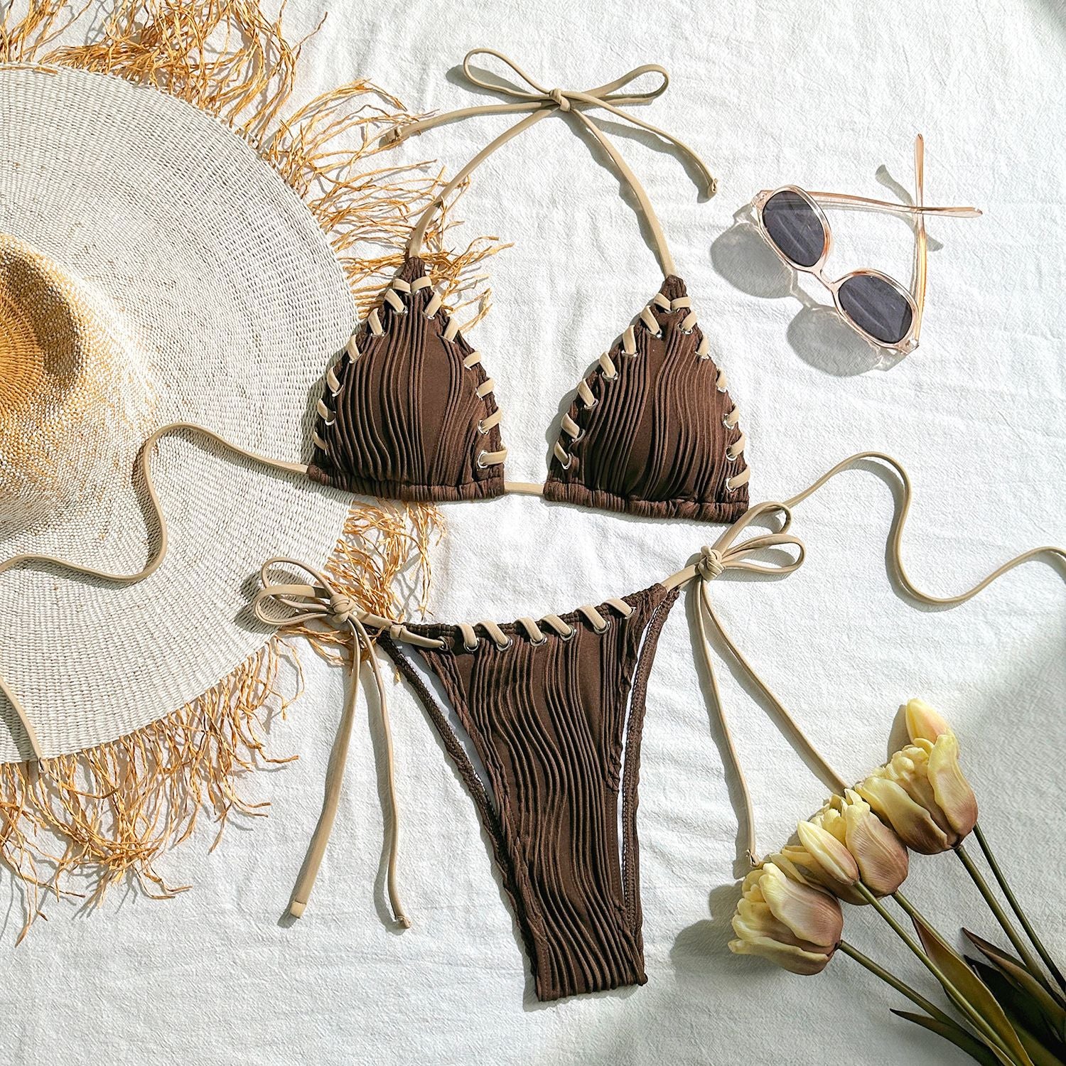 2025 Halter Wrinkled Weaved Bikini Women Swimwear Female Swimsuit Two Pieces Bikini Set Brazilian Bathing Suit Swim Beach Wear