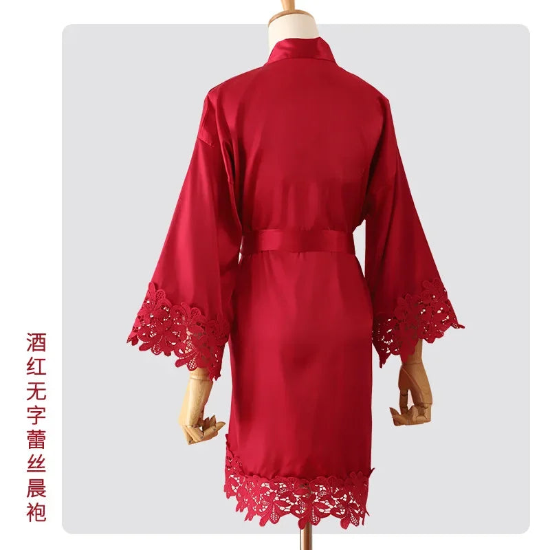 Sexy Embroidery Wedding Robe Patchwork Lace Kimono Bathrobe Gown Summer New Female Sleepwear Home Dress Loose Casual Loungewear