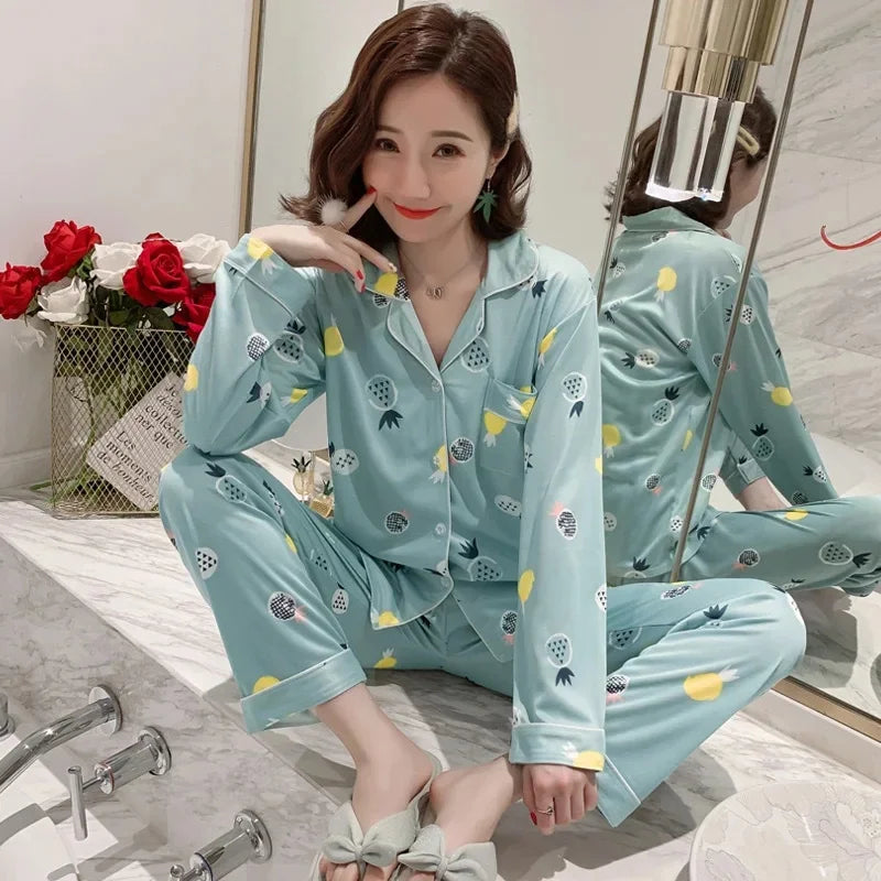 Spring Autumn Winter Long Sleeve Trousers Sleepwear Women's Cardigan Korean Style Outer Wear Casual Thin Homewear Two-piece Suit