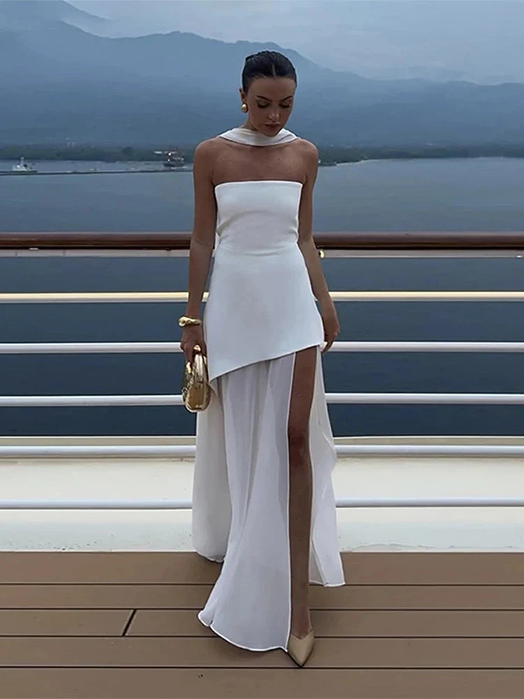 Elegant Strapless Dress With Ribbon Female Fashion Sleeveless Mesh Beach Vacation Long Robes 2025 Spring New Women's Dresses
