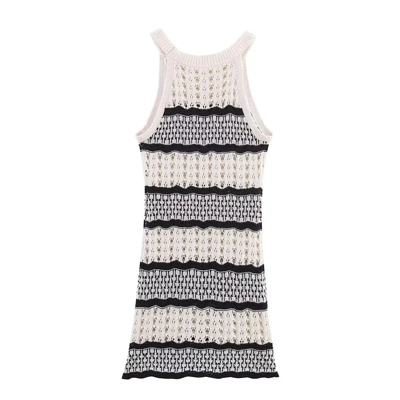 Women Knitted Hollow Out Mini Dresses Round Neck Sleeveless Off Shoulder Short Dress Lady Casual Summer Holiday Beach Robes