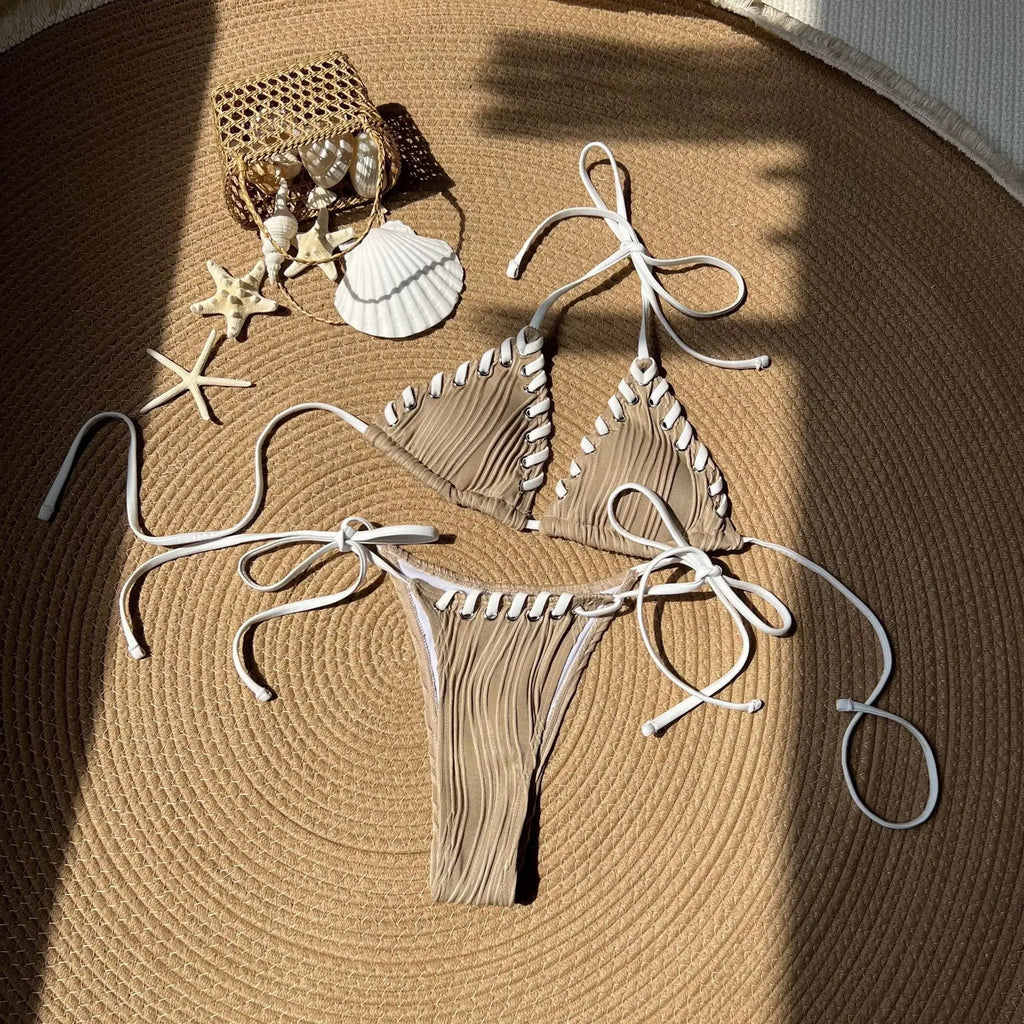 2025 Halter Wrinkled Weaved Bikini Women Swimwear Female Swimsuit Two Pieces Bikini Set Brazilian Bathing Suit Swim Beach Wear