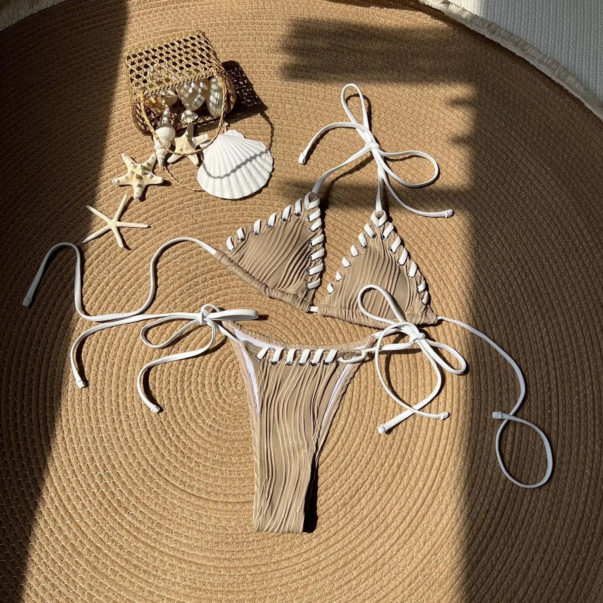 2025 Halter Wrinkled Weaved Bikini Women Swimwear Female Swimsuit Two Pieces Bikini Set Brazilian Bathing Suit Swim Beach Wear