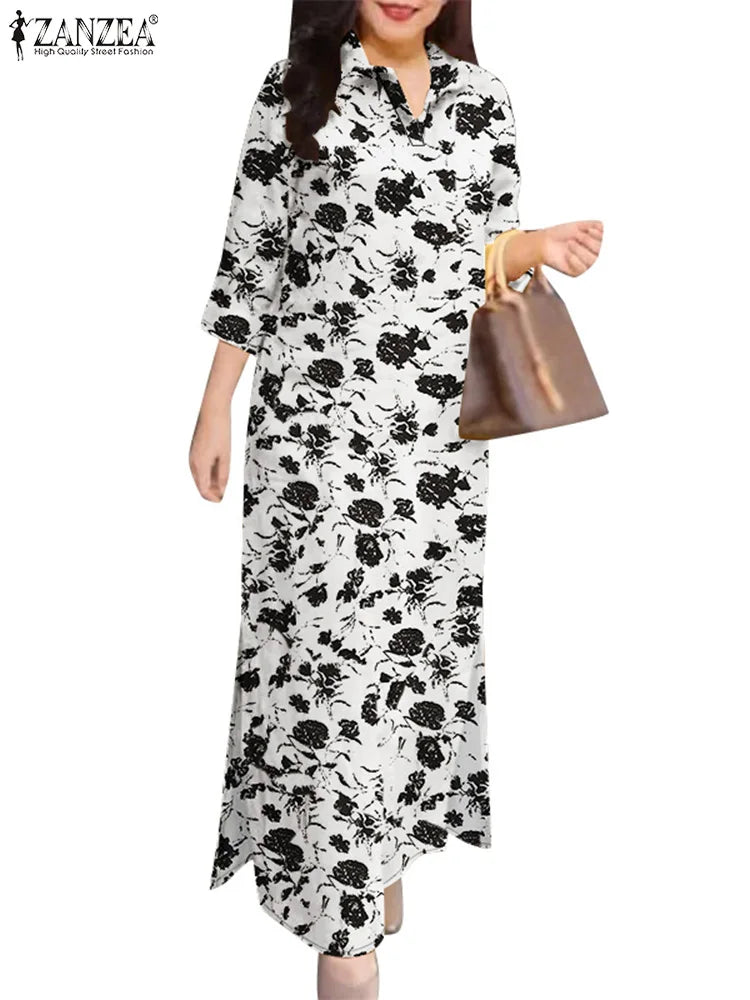 ZANZEA 2025 Autumn Casual Women's Floral Printed Long Dresses Vintage Dress Party Sundress Robe Lapel Neck 3/4 Sleeve Shirtdress