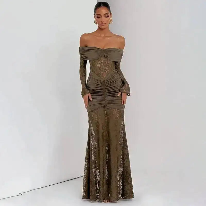 Townlike Pleated Slim Bodycon Maxi Long Dress Women Off Shoulder 2025 Autumn Winter Dress Lace Patchwork Sexy Party Dresses