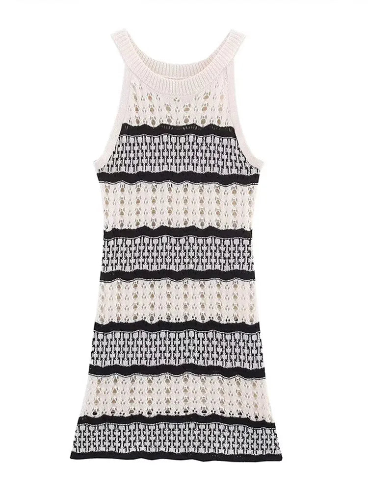 Women Knitted Hollow Out Mini Dresses Round Neck Sleeveless Off Shoulder Short Dress Lady Casual Summer Holiday Beach Robes