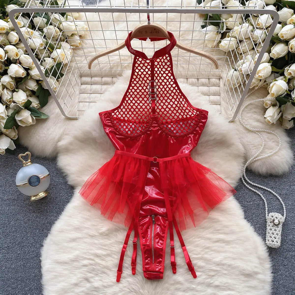 Sexy Women Night Dress Sleeveless Backless Porno Pajamas Floral Lace Erotic Nightwears+Thongs Satin Short Transparent Dresses