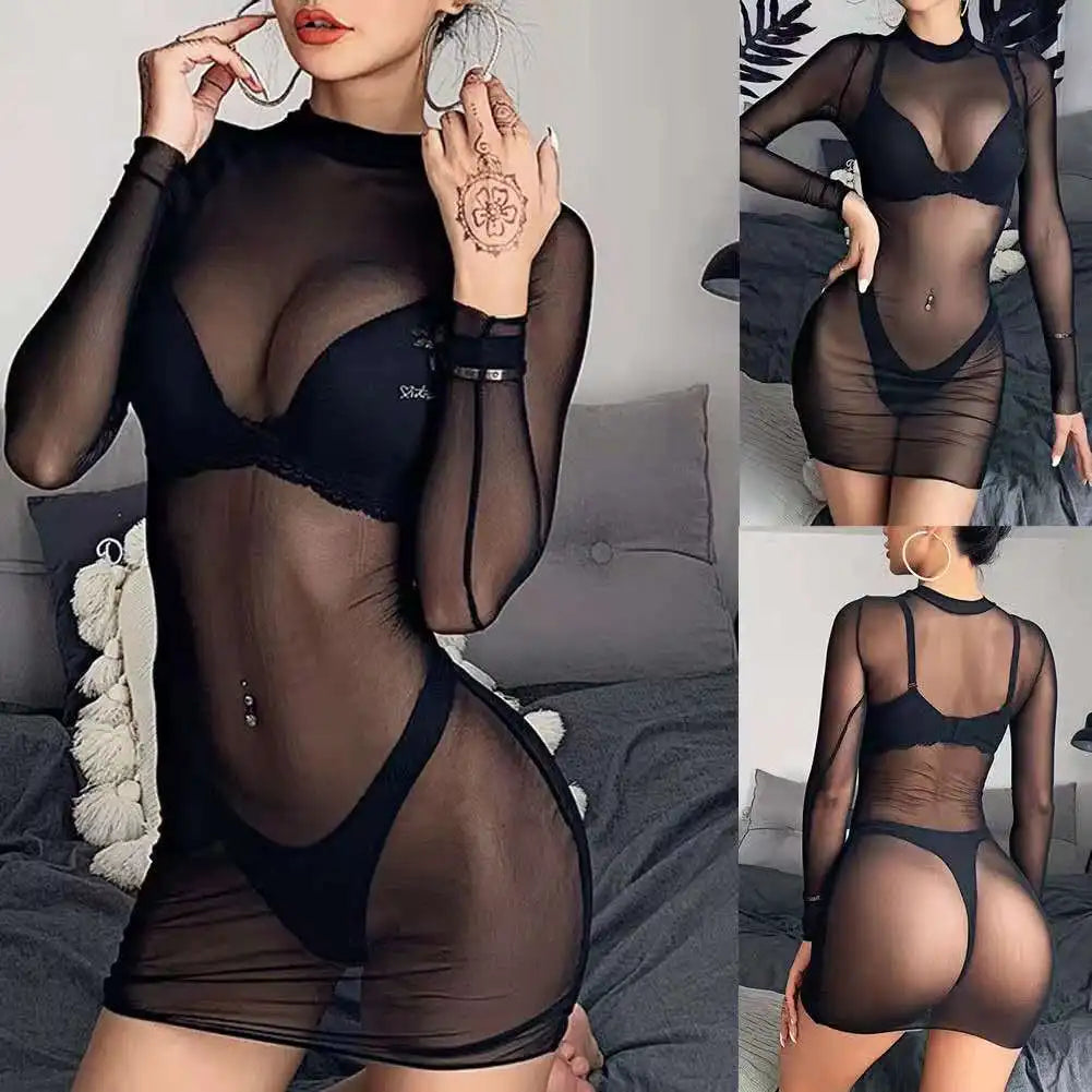 Women See Through Transparent Hollow Out Dress Mock Neck Female Sexy Bodycon Dress Club Partywear Slim Stretchy Mini Dresses