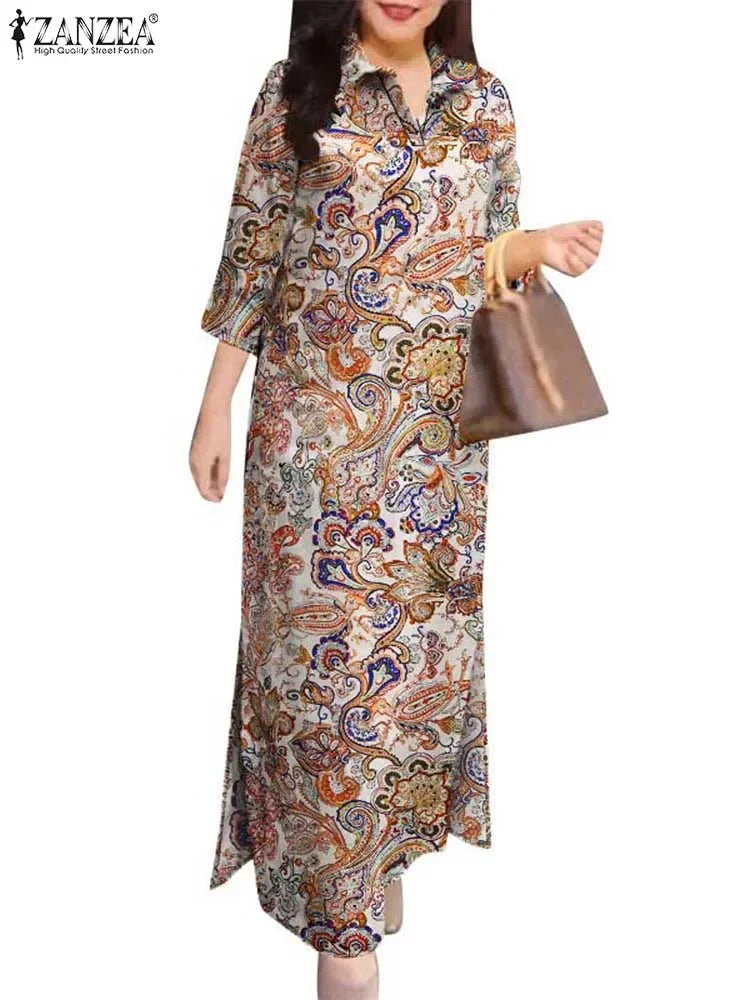 ZANZEA 2025 Autumn Casual Women's Floral Printed Long Dresses Vintage Dress Party Sundress Robe Lapel Neck 3/4 Sleeve Shirtdress