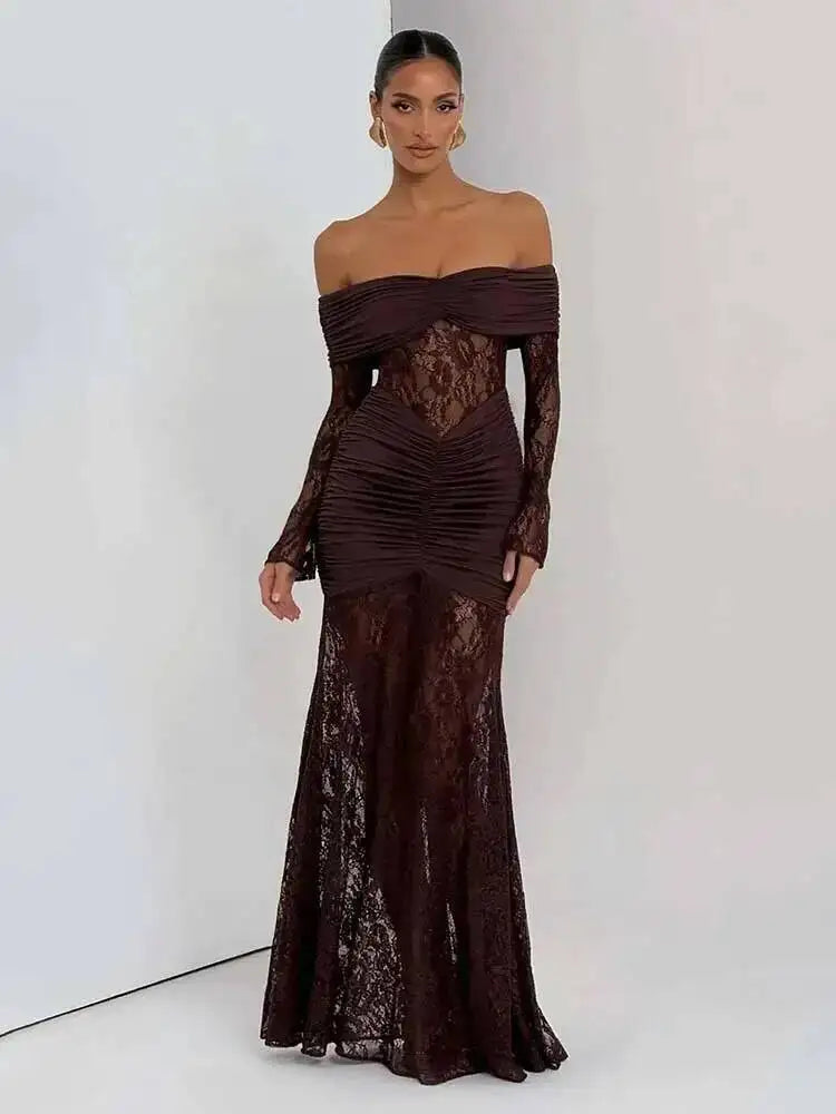 Townlike Pleated Slim Bodycon Maxi Long Dress Women Off Shoulder 2025 Autumn Winter Dress Lace Patchwork Sexy Party Dresses