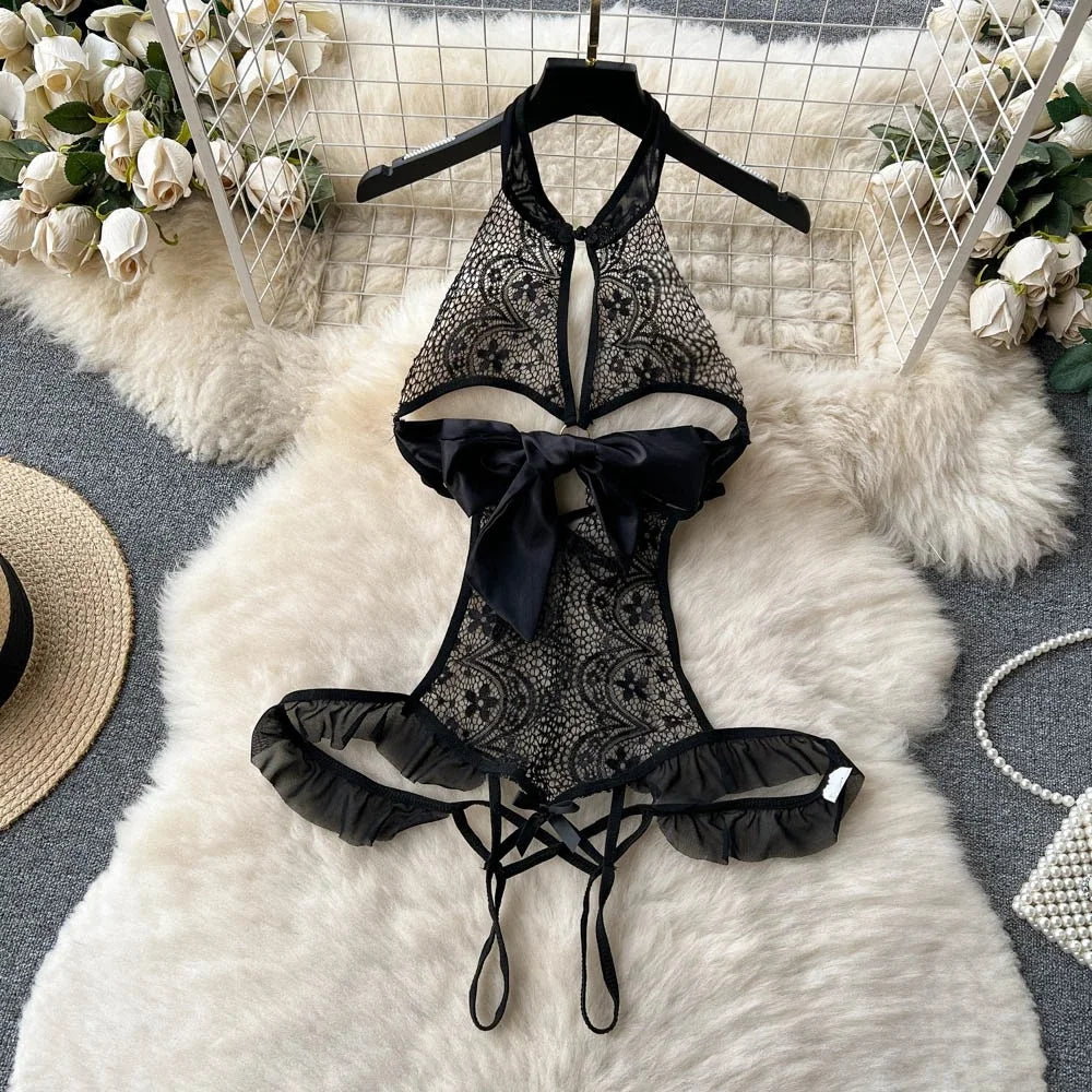 Sexy Women Night Dress Sleeveless Backless Porno Pajamas Floral Lace Erotic Nightwears+Thongs Satin Short Transparent Dresses
