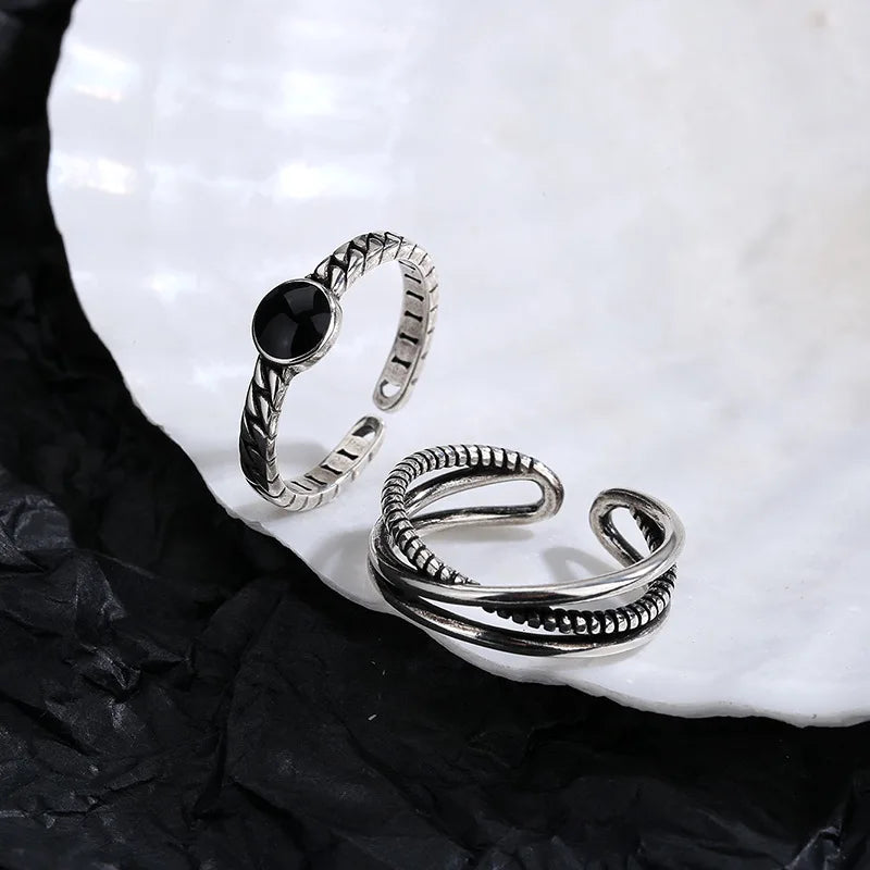 925 Silver Rings for Women Thick Wave Wide Solid Double-layer Punk Trendy Couple Female Party Birthday Gift