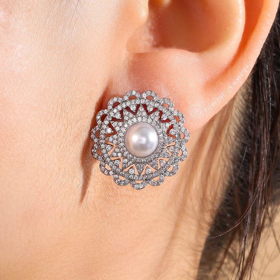 ZAKOL Luxury AAA Zircon Round Pearl Earrings for Women Irregular Stud Earring Temperament Wedding Party Jewelry