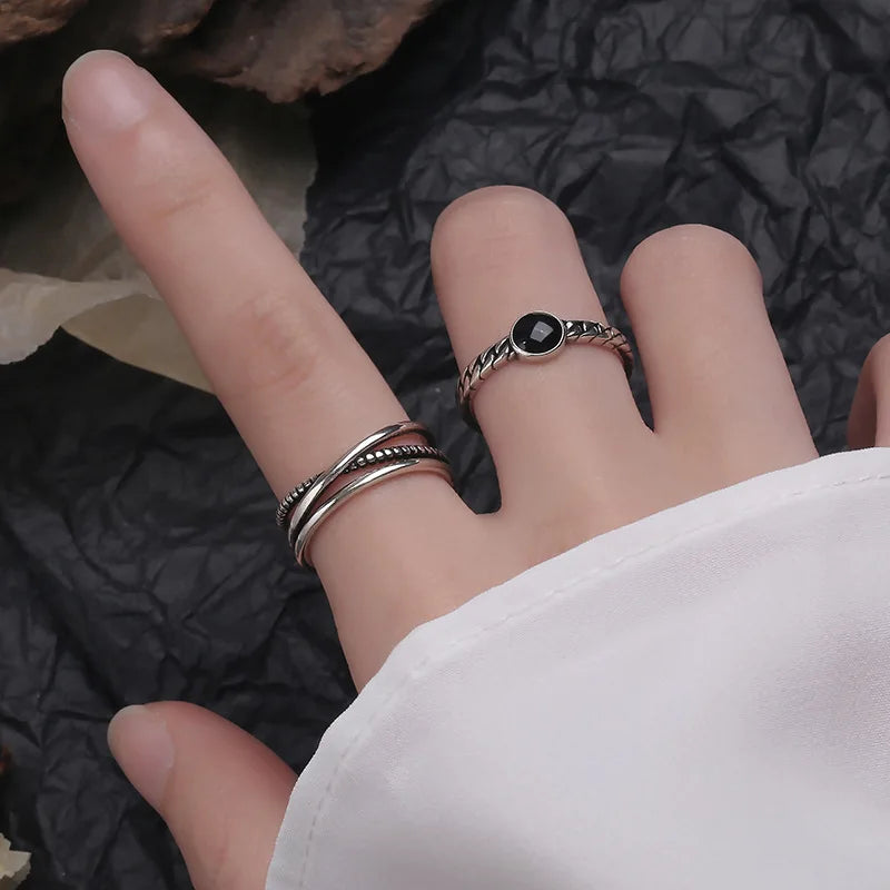 925 Silver Rings for Women Thick Wave Wide Solid Double-layer Punk Trendy Couple Female Party Birthday Gift