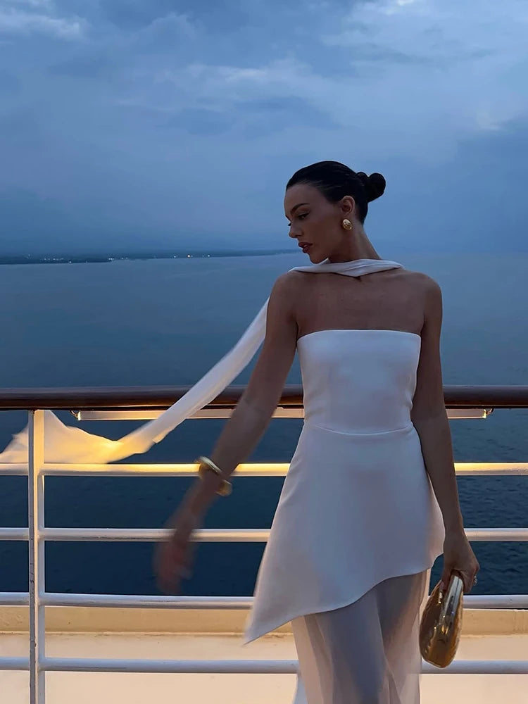 Elegant Strapless Dress With Ribbon Female Fashion Sleeveless Mesh Beach Vacation Long Robes 2025 Spring New Women's Dresses