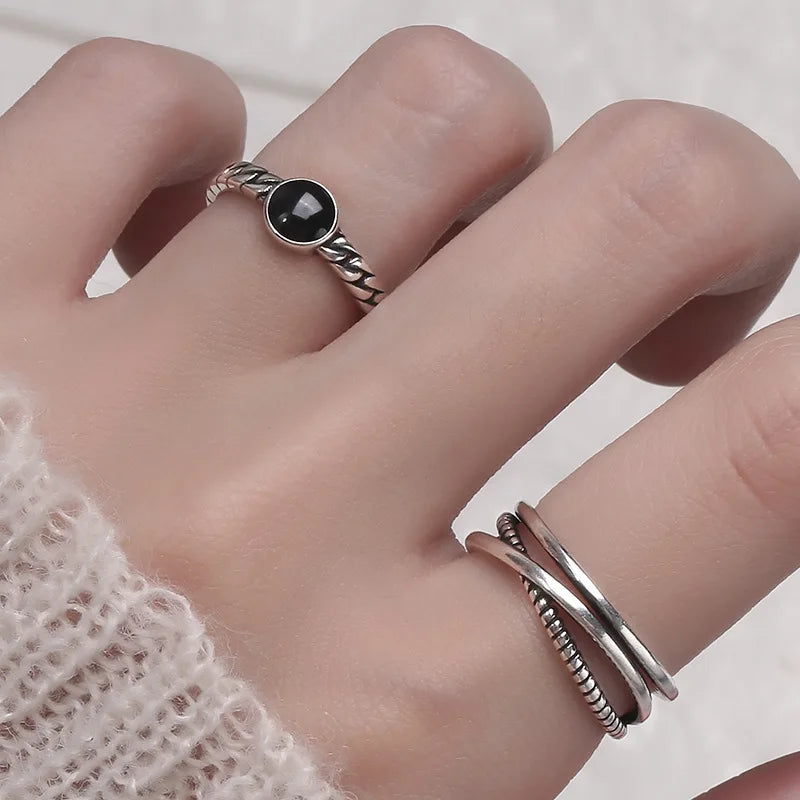 925 Silver Rings for Women Thick Wave Wide Solid Double-layer Punk Trendy Couple Female Party Birthday Gift