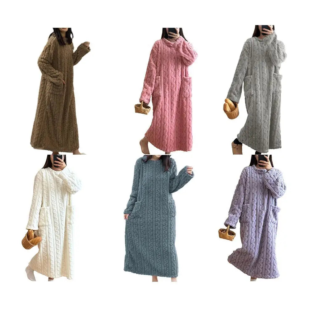 Flannel Nightgowns Long Sleeve Women Loose Double Pocket Solid Sleepwear Jacquard Night Dress Thickened Winter Warm Nightdress