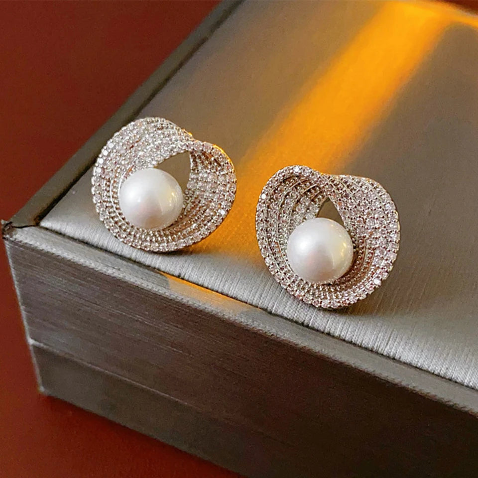 ZAKOL Luxury AAA Zircon Round Pearl Earrings for Women Irregular Stud Earring Temperament Wedding Party Jewelry