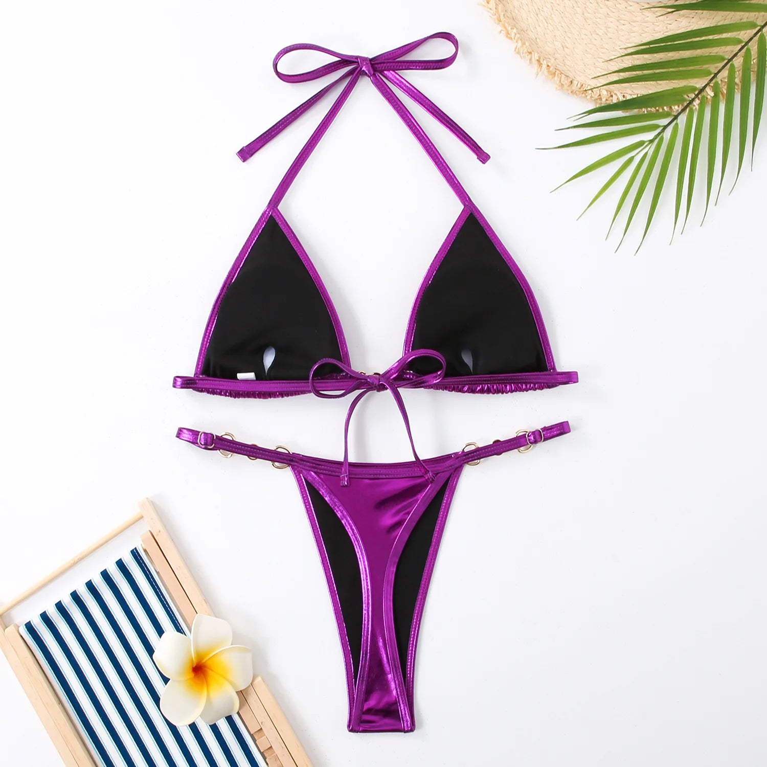 PU Leather Pearls Bikini Mini Micro Thong Bikinis Women Swimwear Female Swimsuit Two-piece Bikini Set Halter Bathing Suit Swim