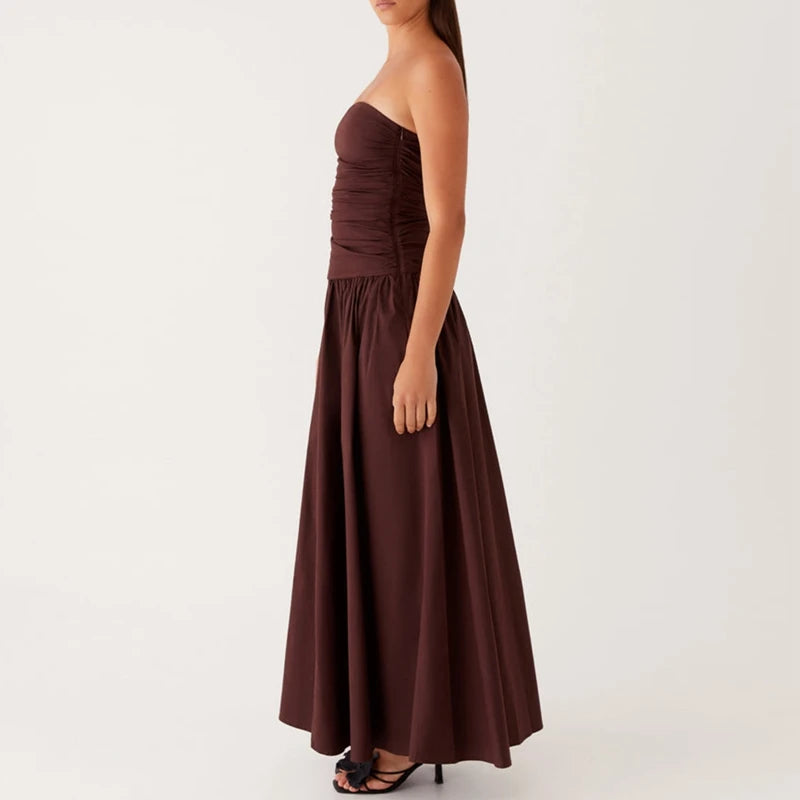 Maemukilabe Women Summer Strapless Maxi Dress Sexy A Line Flowy Tube Top Dress Y2K Elegant Wedding Party Cocktail Long Dresses