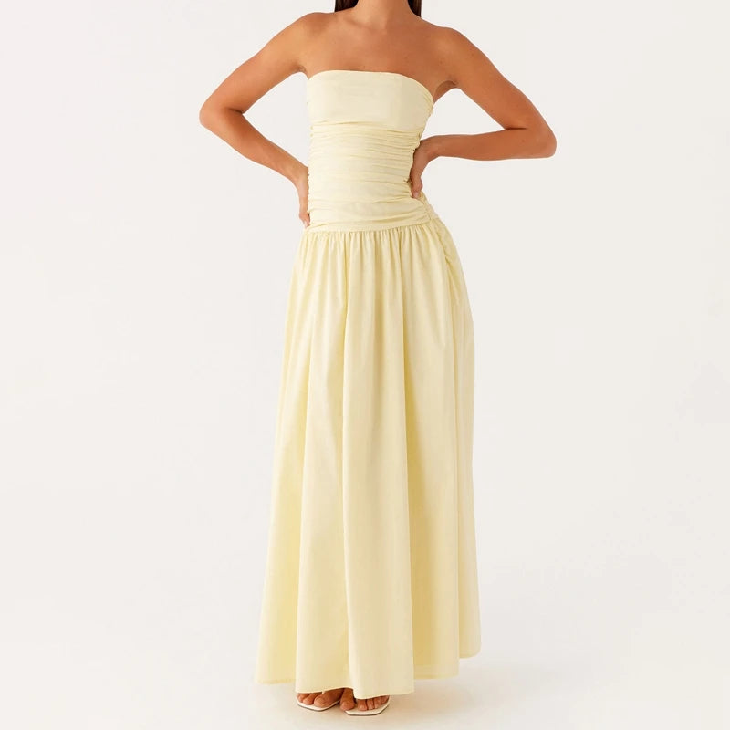 Maemukilabe Women Summer Strapless Maxi Dress Sexy A Line Flowy Tube Top Dress Y2K Elegant Wedding Party Cocktail Long Dresses