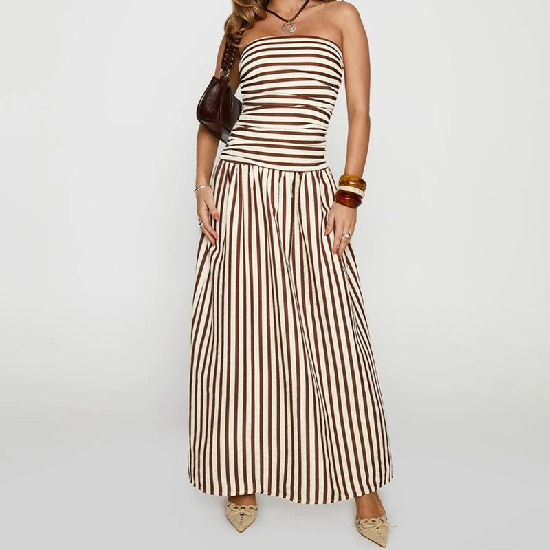 Maemukilabe Women Summer Strapless Maxi Dress Sexy A Line Flowy Tube Top Dress Y2K Elegant Wedding Party Cocktail Long Dresses