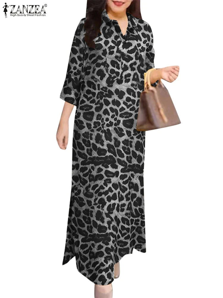 ZANZEA 2025 Autumn Casual Women's Floral Printed Long Dresses Vintage Dress Party Sundress Robe Lapel Neck 3/4 Sleeve Shirtdress