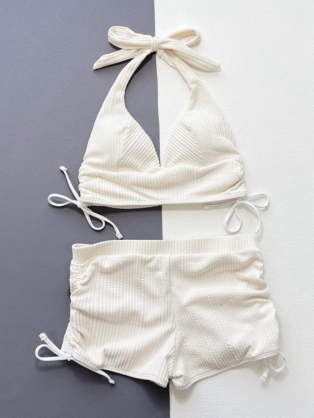 Sexy Pleate Drawstring High Waist Bikini Set Women White V Neck Push Up Two Piece Swimsuit 2024 Ribbed Bathing Suit Swimwear