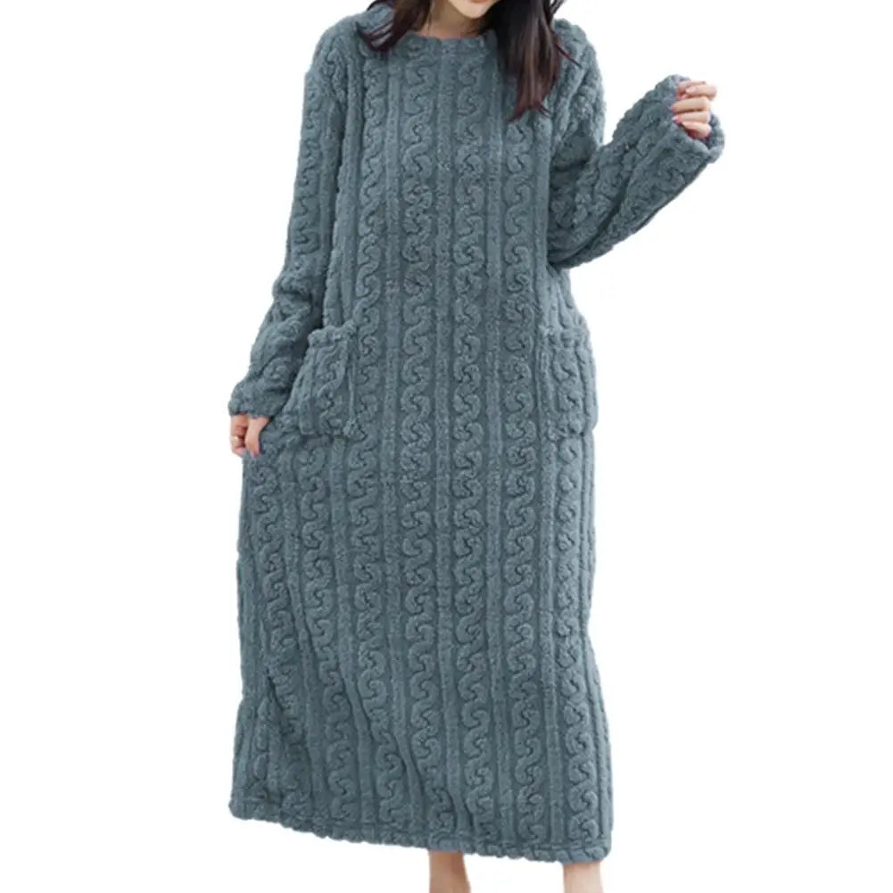Flannel Nightgowns Long Sleeve Women Loose Double Pocket Solid Sleepwear Jacquard Night Dress Thickened Winter Warm Nightdress