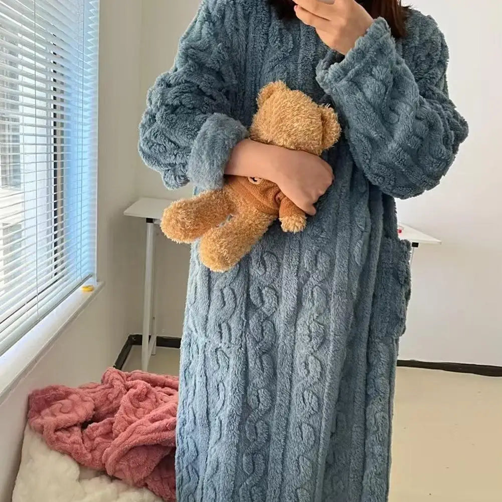 Flannel Nightgowns Long Sleeve Women Loose Double Pocket Solid Sleepwear Jacquard Night Dress Thickened Winter Warm Nightdress