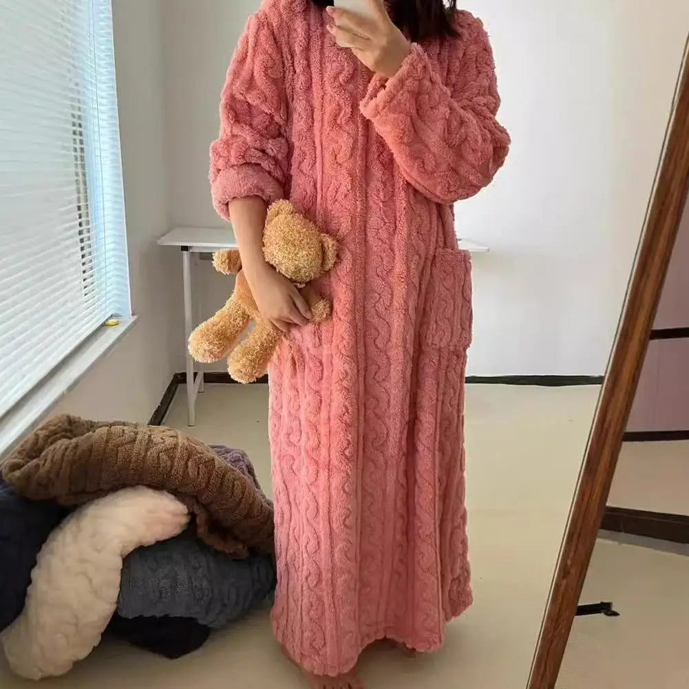 Flannel Nightgowns Long Sleeve Women Loose Double Pocket Solid Sleepwear Jacquard Night Dress Thickened Winter Warm Nightdress