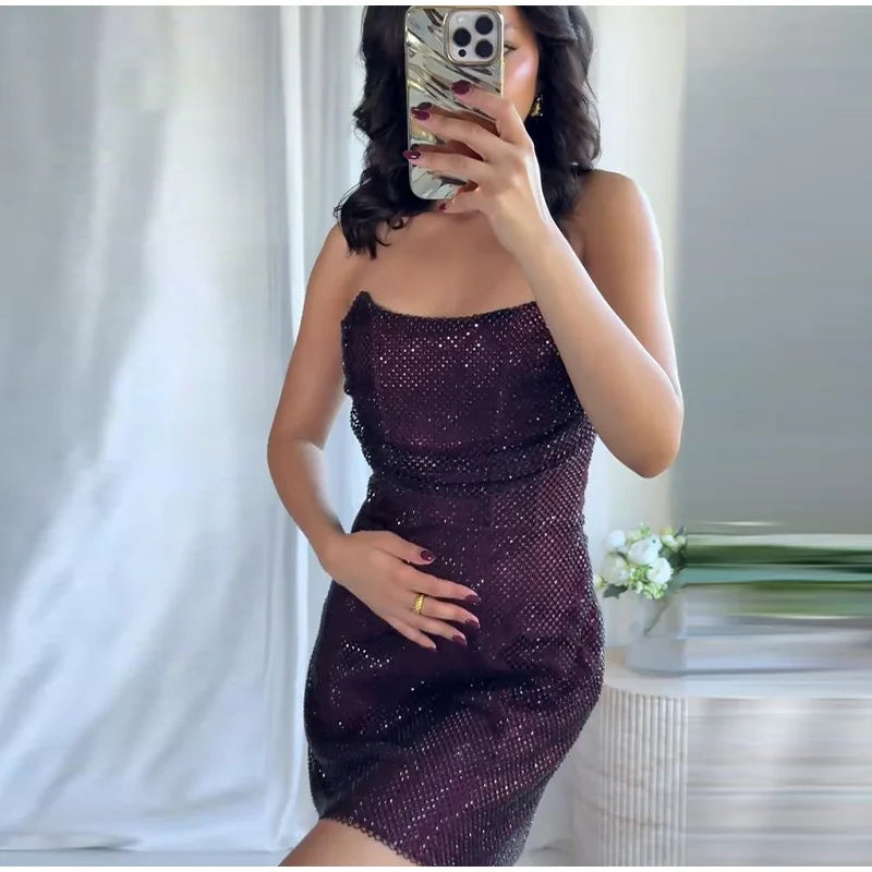 Rhinestone Shining Sexy Evening Dress Women Sleeveless Backless Slim Party Pleated Gown Female Dresses Street Vacation Lady Robe