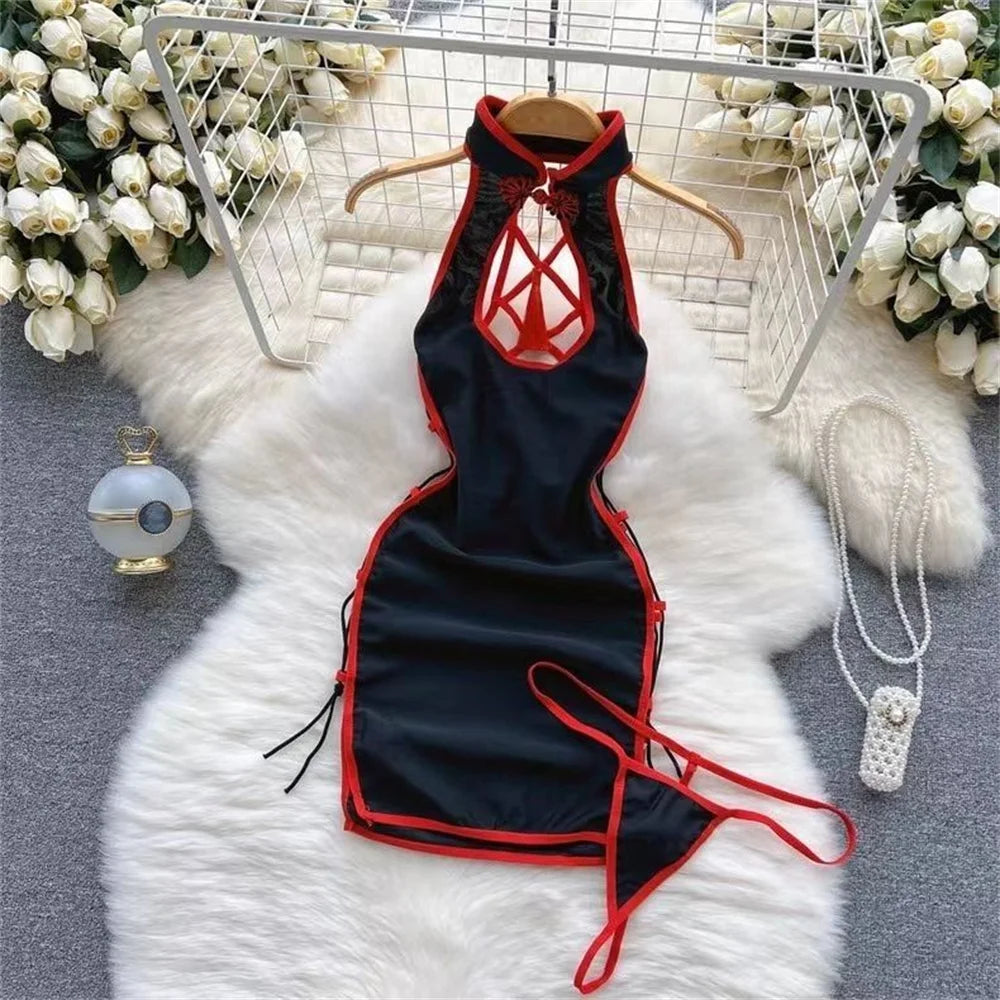 Sexy Women Night Dress Sleeveless Backless Porno Pajamas Floral Lace Erotic Nightwears+Thongs Satin Short Transparent Dresses