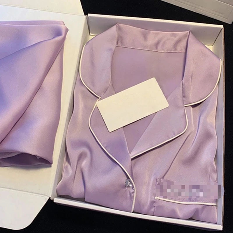 Spring Autumn New Ice Silk Sleepwear Women Lapel Diamond Clasp Cardigan Women Two Piece Set Elegance Purple Women's Pajamas