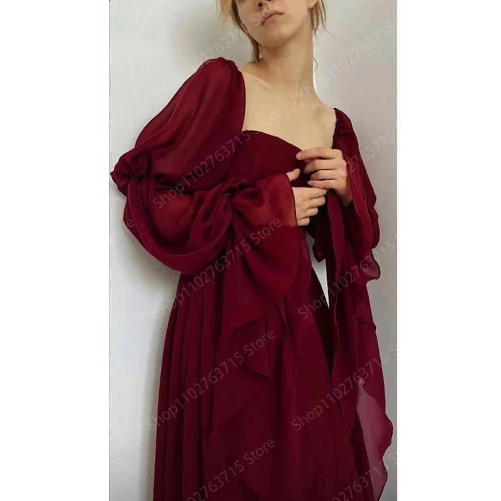 Long Burgundy Evening Dresses for Women Square Neck Ankle-Length A-Line Prom Party Wedding Gala Special Events Dress Customized