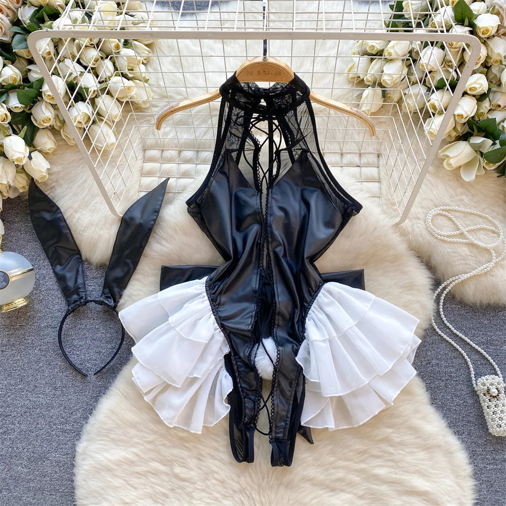 Sexy Women Night Dress Sleeveless Backless Porno Pajamas Floral Lace Erotic Nightwears+Thongs Satin Short Transparent Dresses