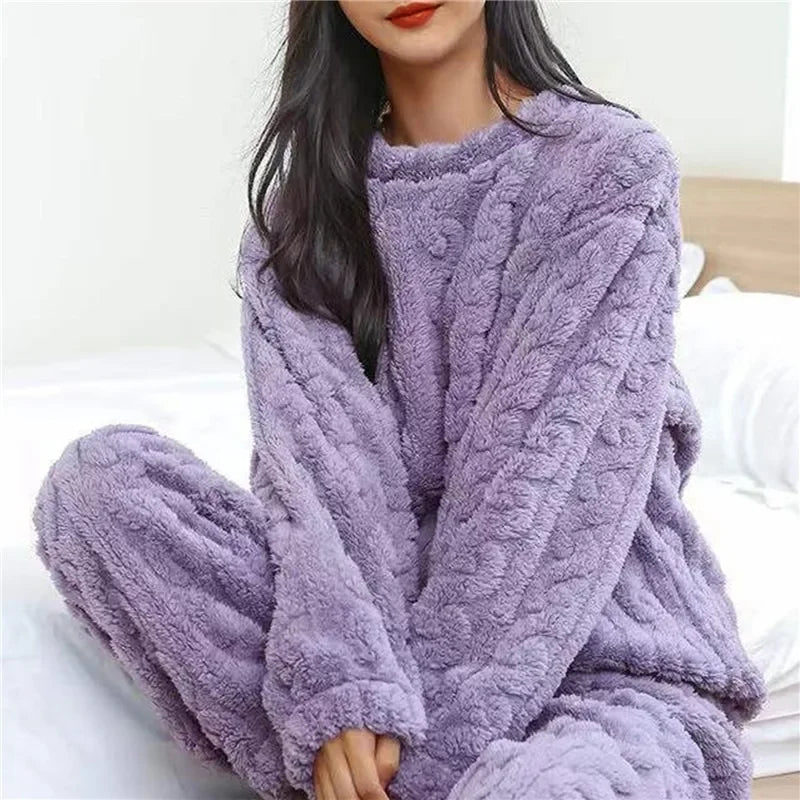 Women Coral Velvet Home Wear Set Warm Jacquard Sleepwear Comfortable Outfit for Winter Christmas and Back to School Season Gift