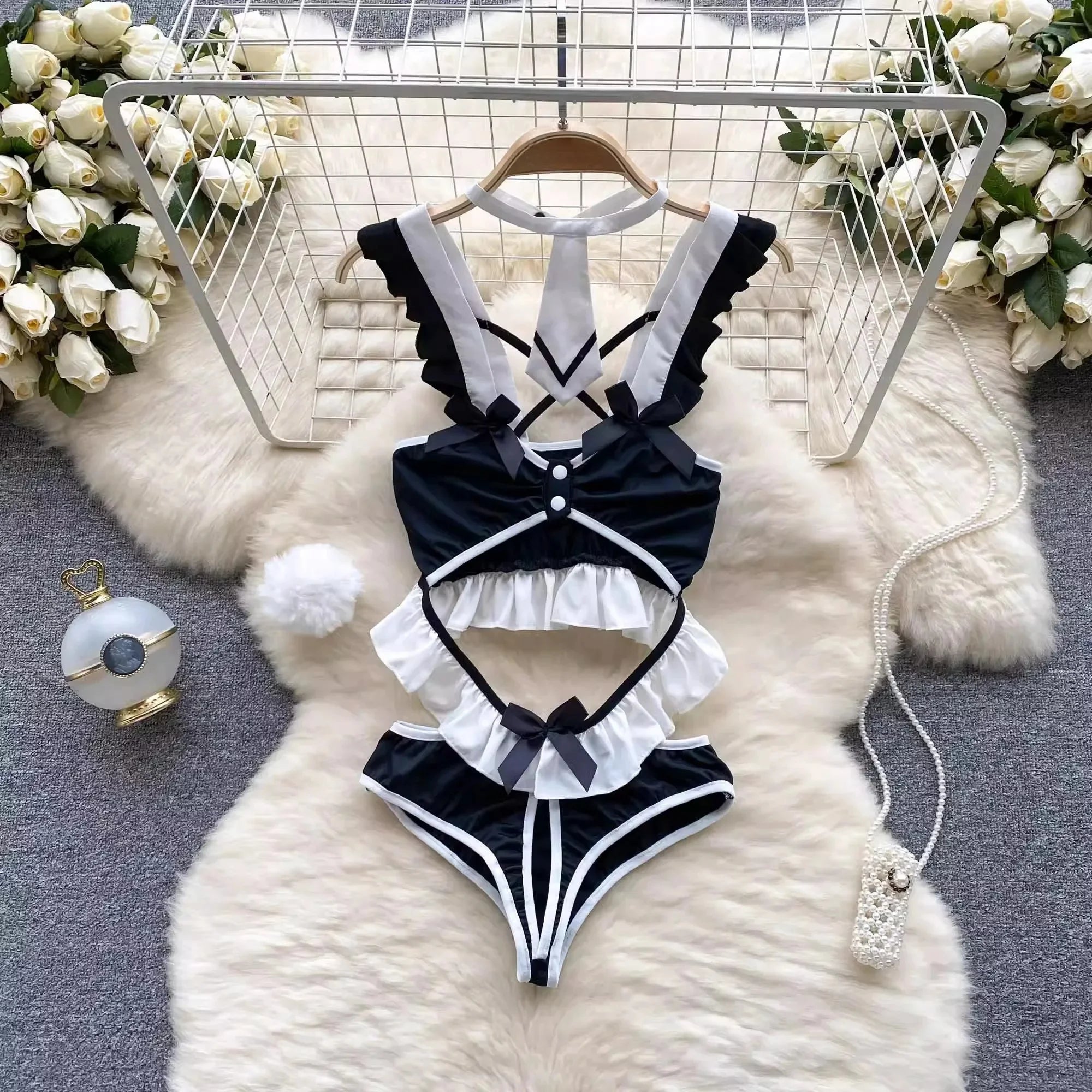 Sexy Women Night Dress Sleeveless Backless Porno Pajamas Floral Lace Erotic Nightwears+Thongs Satin Short Transparent Dresses