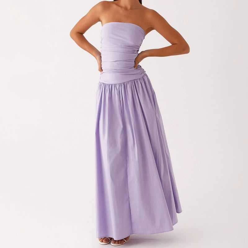 Maemukilabe Women Summer Strapless Maxi Dress Sexy A Line Flowy Tube Top Dress Y2K Elegant Wedding Party Cocktail Long Dresses