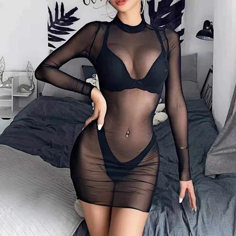 Women See Through Transparent Hollow Out Dress Mock Neck Female Sexy Bodycon Dress Club Partywear Slim Stretchy Mini Dresses