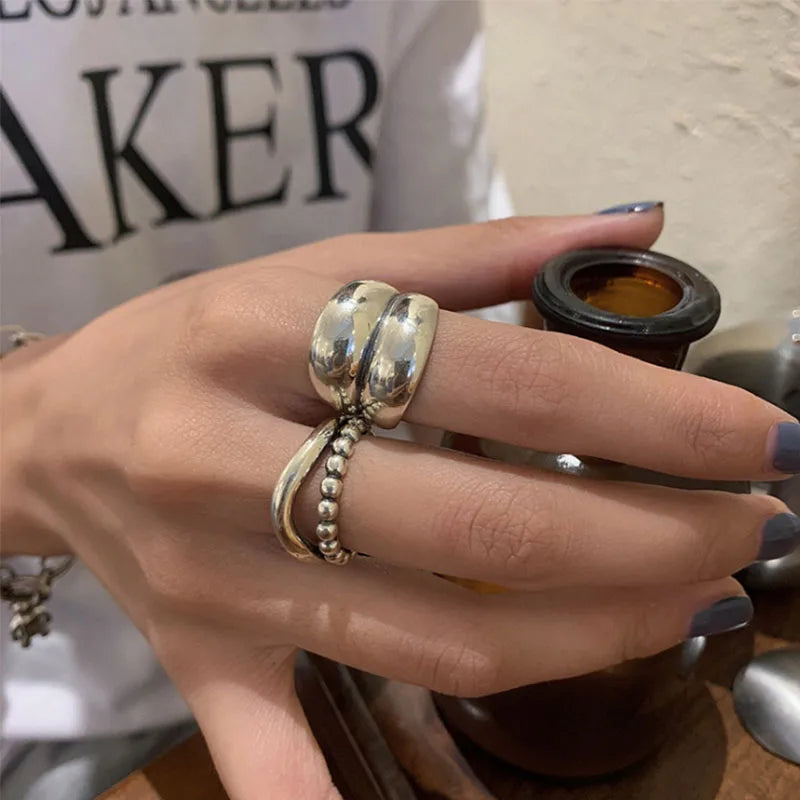 925 Silver Rings for Women Thick Wave Wide Solid Double-layer Punk Trendy Couple Female Party Birthday Gift