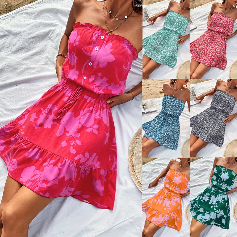 YEMOGGY Elegant Floral Print Dress for Women Summer Dresses 2024 New Casual Single Breasted Lace-up Sexy Bandeau Mini Dress