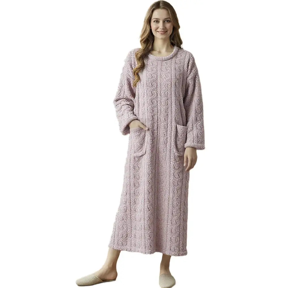 Flannel Nightgowns Long Sleeve Women Loose Double Pocket Solid Sleepwear Jacquard Night Dress Thickened Winter Warm Nightdress