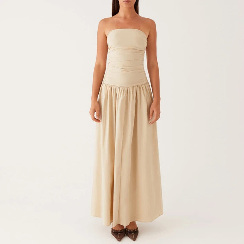 Maemukilabe Women Summer Strapless Maxi Dress Sexy A Line Flowy Tube Top Dress Y2K Elegant Wedding Party Cocktail Long Dresses
