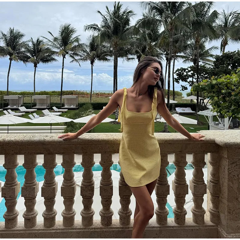 Women Knitted Hollow Out Mini Dresses Round Neck Sleeveless Off Shoulder Short Dress Lady Casual Summer Holiday Beach Robes