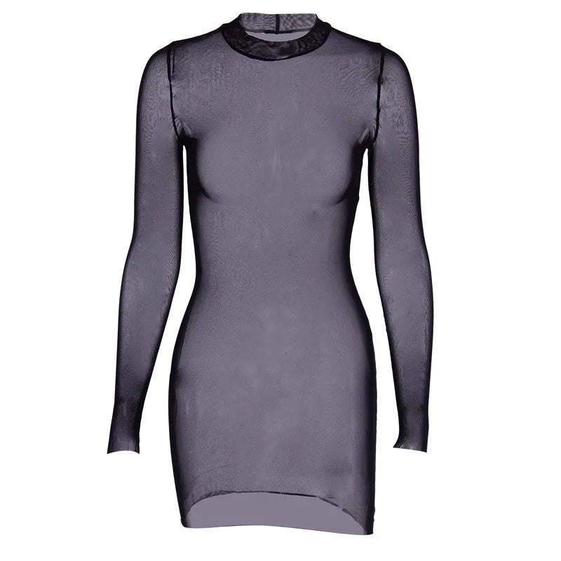 Women See Through Transparent Hollow Out Dress Mock Neck Female Sexy Bodycon Dress Club Partywear Slim Stretchy Mini Dresses