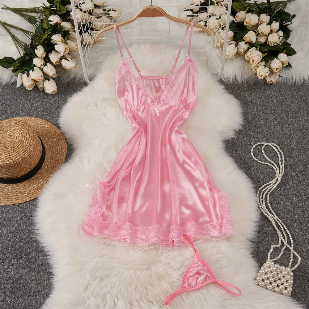 Sexy Women Night Dress Sleeveless Backless Porno Pajamas Floral Lace Erotic Nightwears+Thongs Satin Short Transparent Dresses